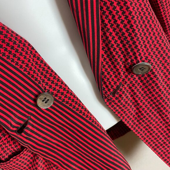 Vintage Silk Blazer Top John Yang Double Breasted Red Black Houndstooth 1980s - Picture 15 of 15